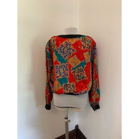 VTG Notations Versace Look Jacket Top 16W Red Satin Abstract Ornate Button Crop - Picture 3 of 16